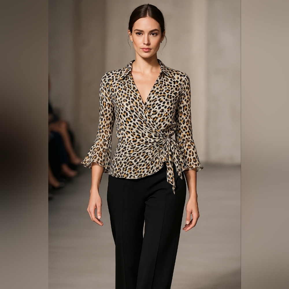 Ann Carson Silk Blend Wrap Blouse Leopard Print Lined Cream Black Gold Sz M NEW